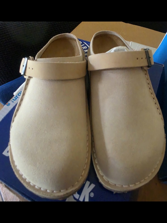 Birkenstock Shoes - Birkenstock Womens Beige Suede Clog with Buckle Strap